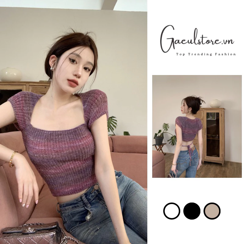 Áo Len Cổ Vuông Cut Out Buộc Dây Sau Croptop hở lưng