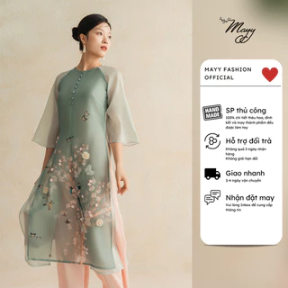 Áo dài cách tân nữ MAYY FASHION tơ xanh bạc hà thêu hoa Thanh Vân