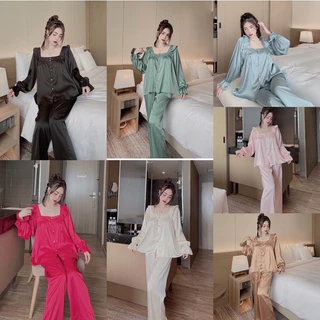 Đồ bộ đồ mặc nhà, pijama nữ đồ ngủ cổ vuông bèo tiểu thư tay phồng bochun chất kate thái