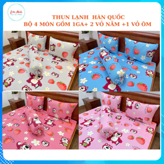 Bộ ga giường, Drap nệm Thun Lạnh Hàn Quốc 4 món họa tiết GẤU DÂU (1 ga bọc + 2 vỏ gối nằm + 1 vỏ gối ôm)