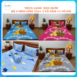 Bộ Ga Gối Thun Lạnh Hàn Quốc {4 Món} họa tiết GẤU ( 1 ga bọc + 2 vỏ gối nằm + 1 vỏ gối ôm )