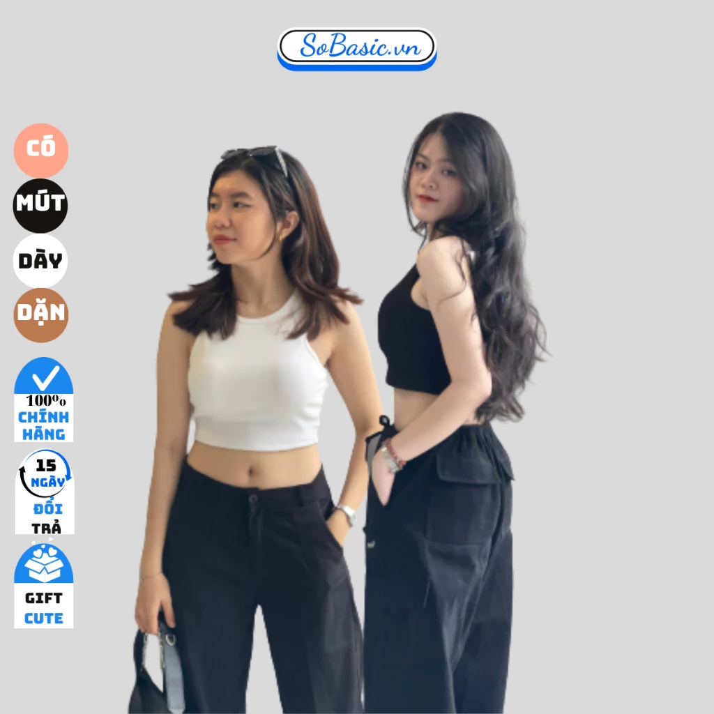 Áo ba lỗ sát nách cổ tròn có mút ngực Sobasic croptop trơn ôm body sexy chất borip cotton mềm mịn