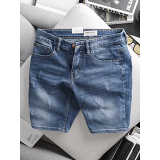 Quần short jean nam ống suông nhẹ ngang gối màu xanh rêu đậm co giãn xuất khẩu cao cấp