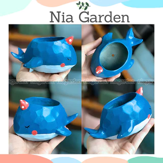 Chậu cá voi xanh trồng sen đá mini xương rồng để bàn Nia Garden N4