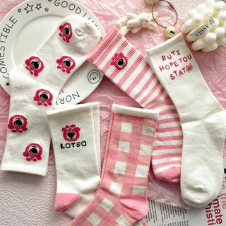 Set 5 đôi Tất nữ cổ cao hoạ tiết hình gấu lotso hồng siêu cute chất liệu co giãn