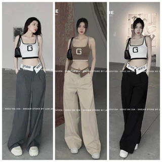 Set Bộ Đồ Nữ Áo Croptop Sát Tay Họa Tiết Chữ Xinh Phối Viền Mix Quần Suông Bẻ Lai Siêu Hot Dành Cho Các Nàng Teen