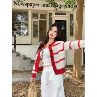 Áo khoác cardigan kẻ đỏ trắng mỏng nhẹ