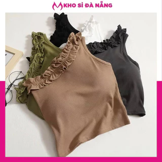 Áo Bra cotton tăm chéo vai nhún bèo tiêu thư diệu đà croptop có mút ngực