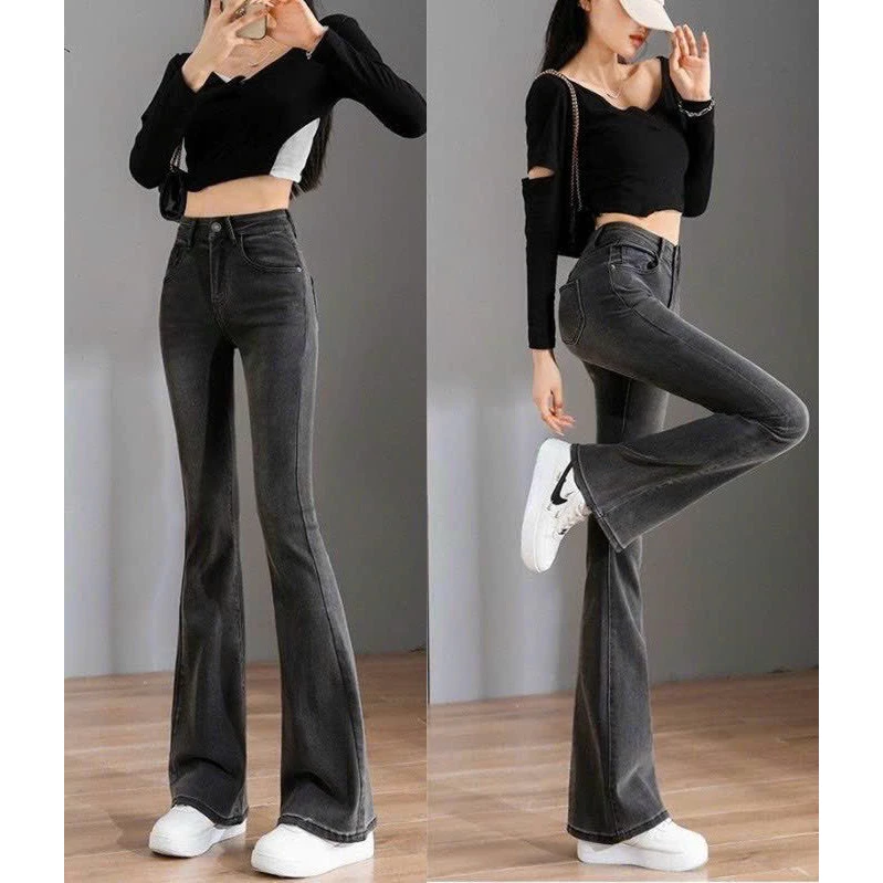 Quần jeans xám ống loe ONKIM lưng cao chất co giãn phong cách Hàn Quốc