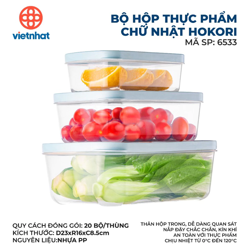 Hộp đựng thực phẩm Hokori 3 dung tích 750ml,1500ml, 2500ml bảo quản thực phẩm để tủ lạnh Việt Nhật 6533