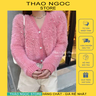 Áo len lông thỏ nữ croptop tay dài cổ v đính ngọc, áo len lông 3 nút tim hàng nhập QC! (hình thật) THẢO NGỌC STORE