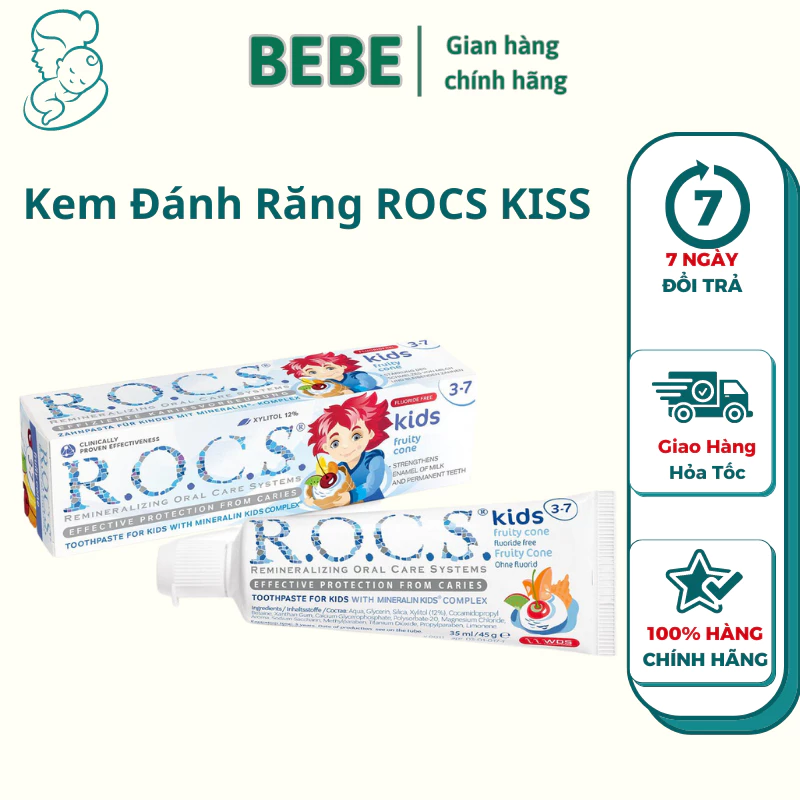 Kem đánh răng nhập khẩu ROCS. Kids Fruity Cone cho bé 45g sữa và trái cây kích thích các giác quan của trẻ