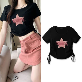 Áo Croptop Rút Dây Ngôi Sao Victory Cổ Tròn Cho Nữ