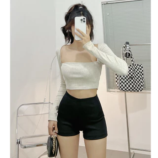 Áo croptop nữ tay dài HHVINTAGE kiểu cổ vuông khoét nách Top A18