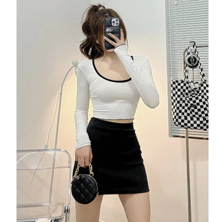 Áo croptop nữ HHVINTAGE kiểu cổ vuông viền cuốn biên Top A22