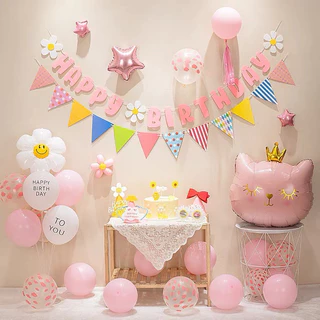 Set bóng toen hồng dây Happy Birthday hoa cúc  INS phong cách hàn quốc mới