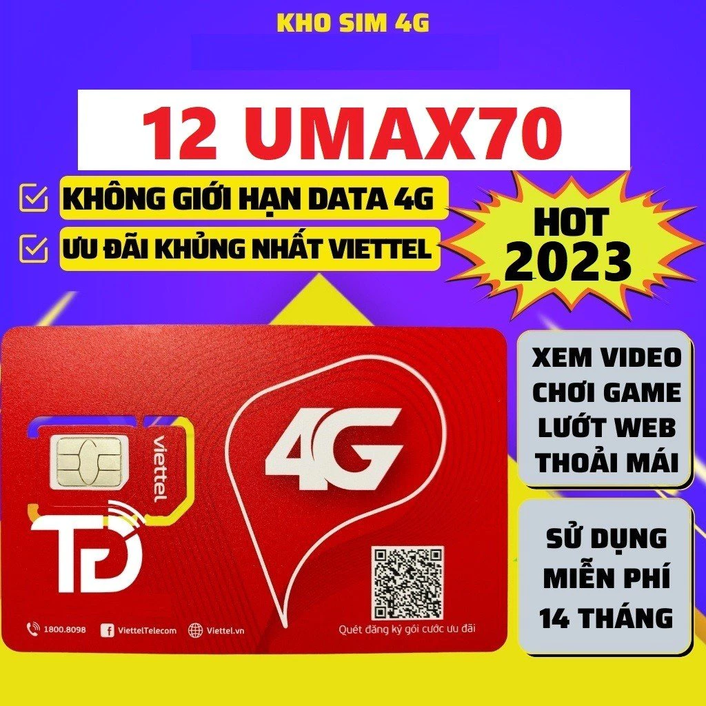 Sim sài 1 năm không cần nạp tiền COMBO DATA + THOẠI 12UMAX70 12MXH100 12V90B 4G thả ga - MUA 1 LẦN DÙNG 1 NĂM