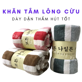 Khăn tắm lông cừu loại dày dặn, thấm hút nước tốt, kt 70x140cm kẻ sọc