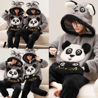 Bộ ngủ lông cừu 2 mặt thêu gấu PANDA xám đen form rộng nam nữ UNISEX, Set áo lông mũ tai gấu mượt mà kèm quần dài ulzzan