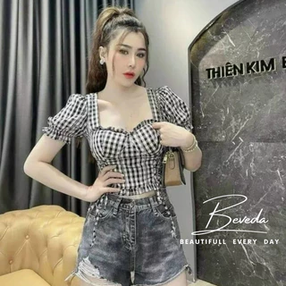 Áo Kiểu Nữ Nhúng Chỉ Croptop Caro Đan Dây Hông