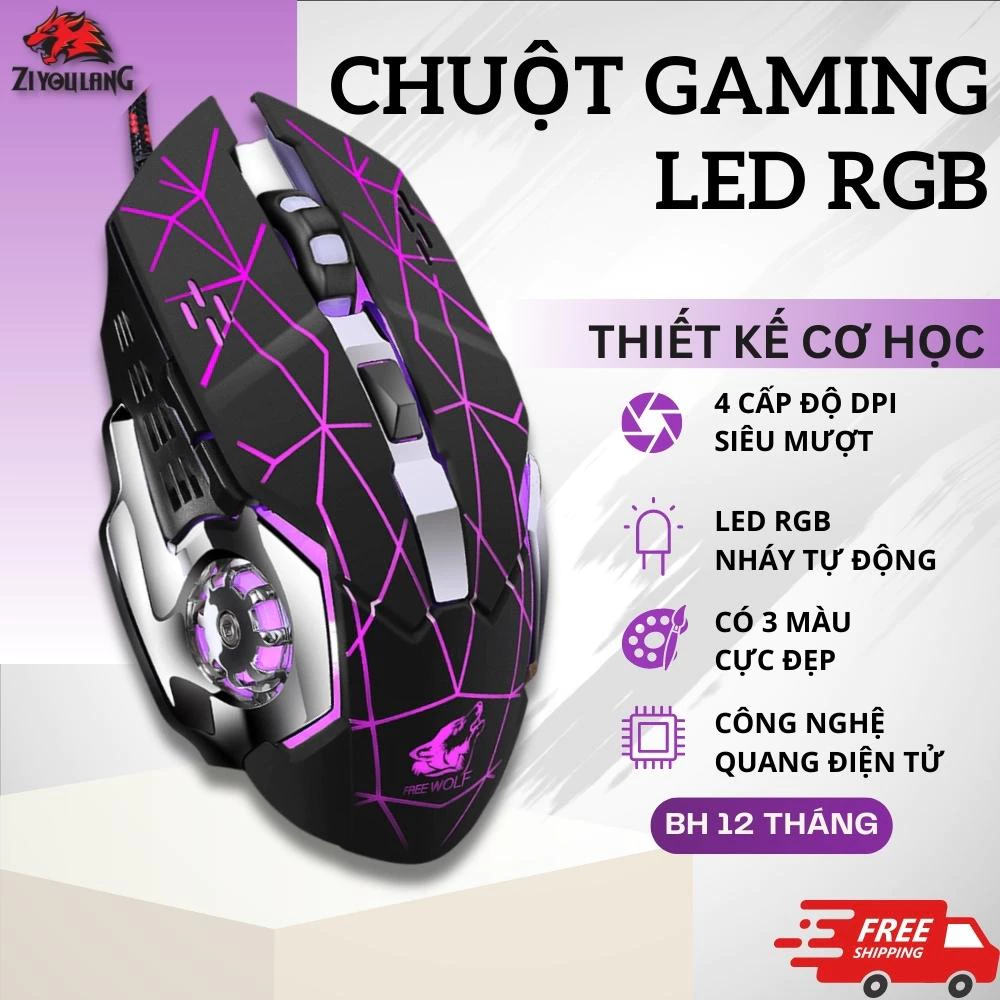 Chuột Máy Tính Gaming Free Wolf V5 - Led RGB 7 Chế Độ, Thiết Kế Hầm Hố, Màu Đẹp, Phù Hợp Pc/Laptop