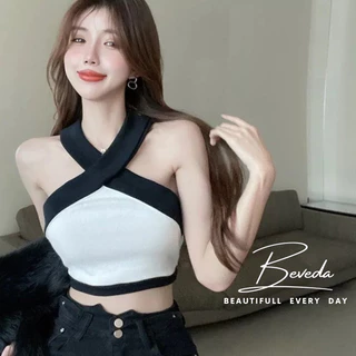 Áo Kiểu Nữ Croptop Dây Chéo Cổ Bản To Phối Màu