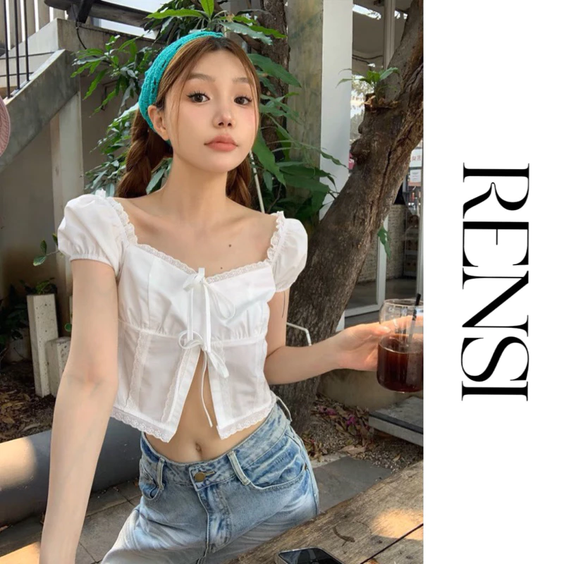 Áo croptop ren kiểu nữ RENSI cúp ngực tay phồng phối nơ màu trắng phong cách y2k mùa hè A02