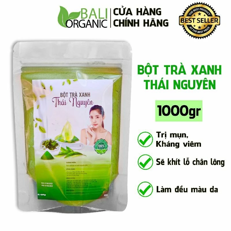 Bột trà xanh thủ công nguyên chất 1kg Baliorganic đắp mặt, dưỡng da