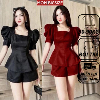 Set đồ bộ bigsize nữ dự tiệc đi chơi kiểu cổ vuông chất cotton lạnh MON big size 50 - 90kg