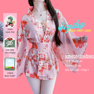 Áo choàng ngủ nữ voan hoa Kimono Nhật bản hoạ tiết hoa anh đào - Kimono hồng