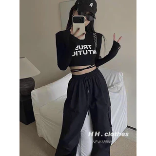 Sét bộ áo thun croptop tay dài in chữ đan dây  mix quần dài túi hộp cá tính Gs0166