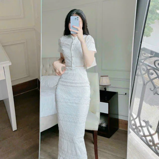 Set váy len màu trắng đi tiệc sang chảnh set áo cổ trụ gài nút tay ngắn croptop mix chân váy ôm dài qua gối dx