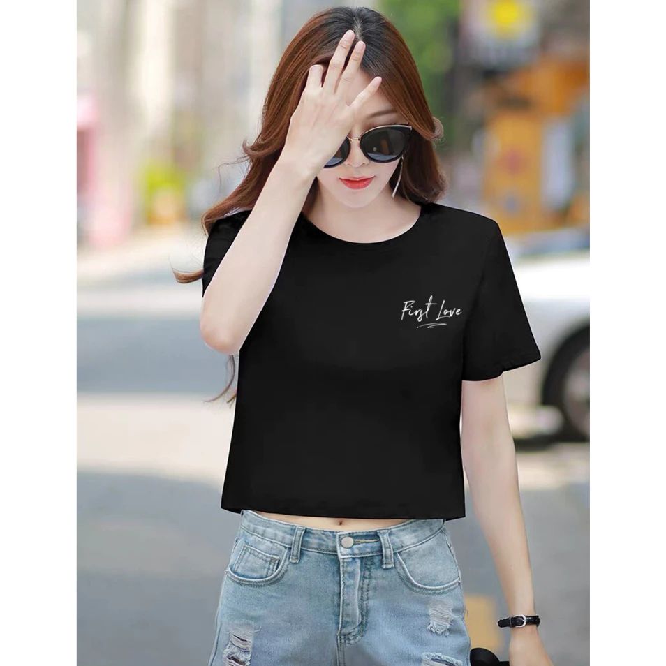 Áo croptop nữ form rộng in chữ First love - Áo phông nữ dáng ngắn Loza GT6497