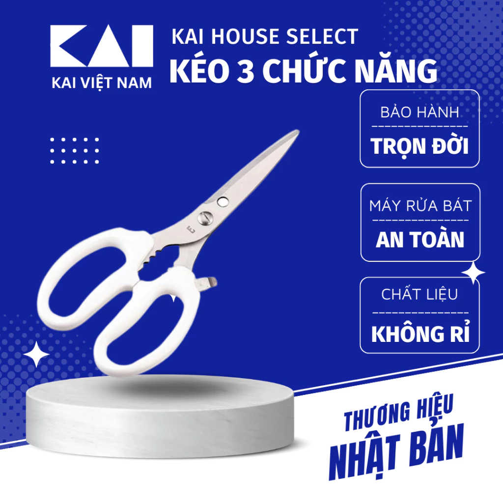 Kéo bếp Nhật 3 chức năng Kai House Select Kitchen Scissors Besic Mở lắp Hộp/ Lon, Kẹp càng cua, Cắt Thịt Gà Màu Trắng