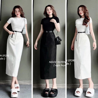 Set đồ nữ áo ôm body cổ tròn tay ngắn xinh xắn mix chân váy midi kaki 2 tone màu basic sang chảnh siêu hot trenddy