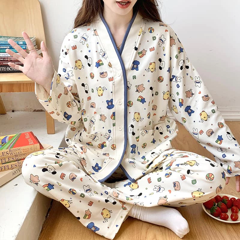 (HÀNG MỚI VỀ) Bộ Mặc Nhà Pyjamas Thiết Kế Cổ V Cài Khuy Chất Liệu Cotton Mềm Mịn, Thoải Mái