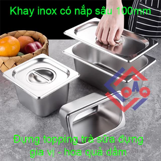 Khay inox chữ nhật có nắp đậy đựng topping trà sữa - đựng gia vị - hoa quả dầm