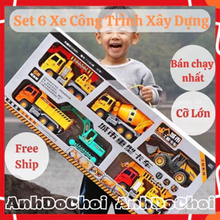 Đồ Chơi Xe Ô Tô Trẻ Em, Set 6 Xe Công Trình Xây Dựng Máy Xúc Cần Cẩu Bằng Nhựa Cho Bé