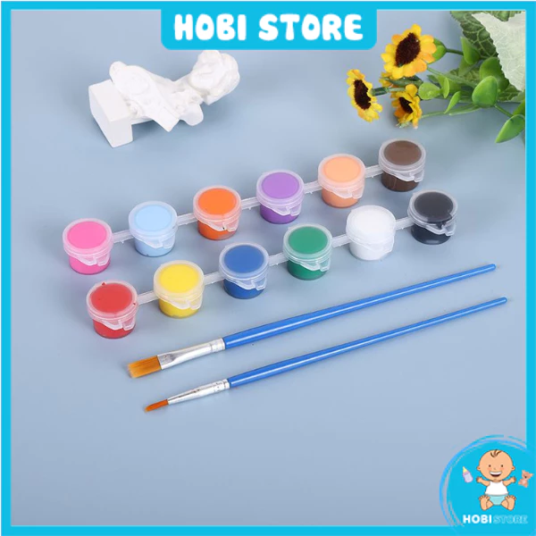 [Tặng 2 cọ] Vỉ 12 hộp màu vẽ acrylic 3ml set bộ sơn nước an toàn đồ chơi tô tranh tượng thạch cao gỗ áo giày vải diều