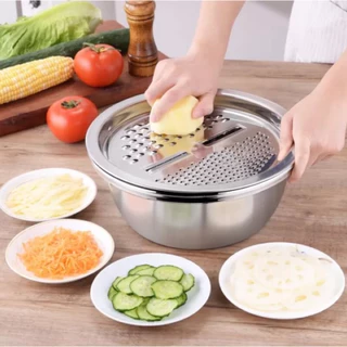 Bộ nạo rau củ 3 món kiêm rổ và chậu inox cao cấp đa năng, tiện lợi dùng cho nhà bếp