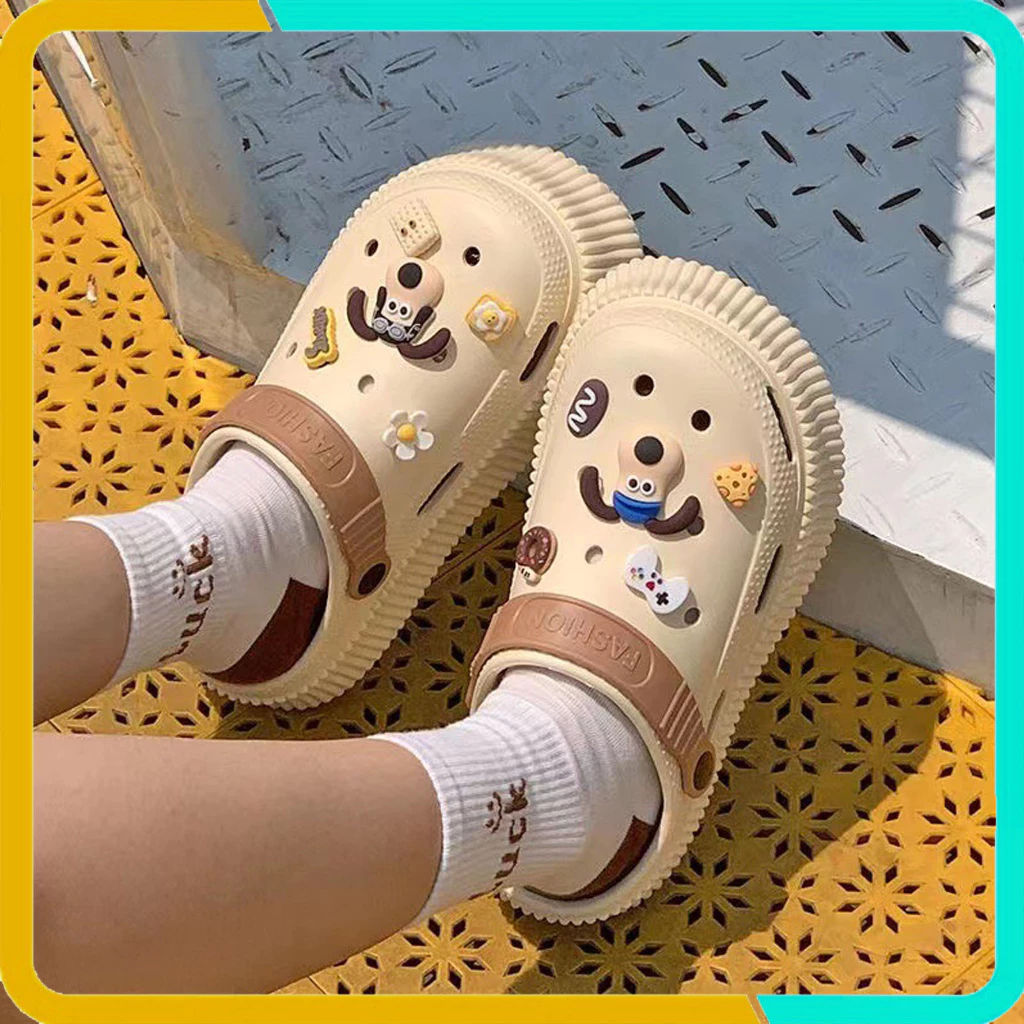 Dép Sục Cross XiXi Kèm Ticker Cún Kaki Dễ Thương, Đế Cao Chống Trơn Trượt, Phong Cách Hàn Quốc