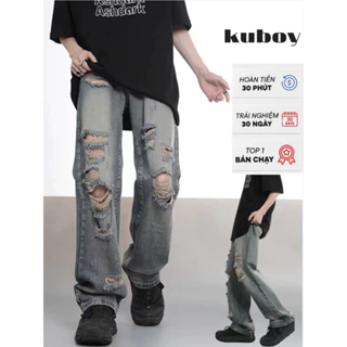 KUBOY Quần jean nam ống rộng  rách gối, quần bò rách gối nam quần ống suông rách Unisex nam nữ hottrend