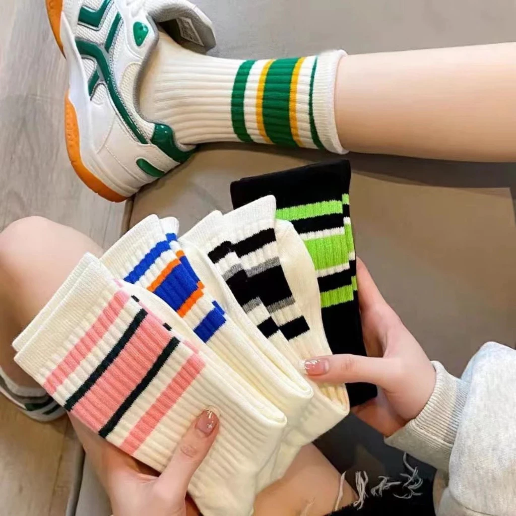 Set 5 Tất Cotton Tăm Cổ Cao Tông Trắng Đen Phối Kẻ Cổ 267