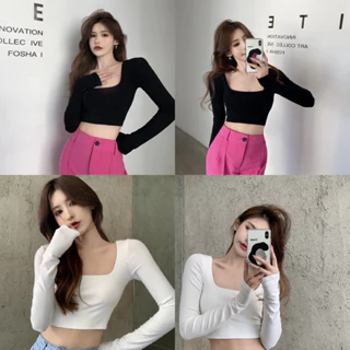 Áo Kiểu Croptop Tay Dài Cổ Vuông, Chất Thun Cotton Tăm Dày Mịn Siêu Hot