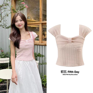 (Sẵn) Áo len croptop mỏng mix nơ ngực “Everlyn Top”