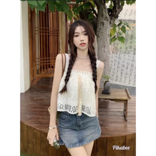 Áo Hai Dây Croptop Phối Ren Họa Tiết Hoa Basic Form Babydoll Mặc Đi Biển, Đi Chơi