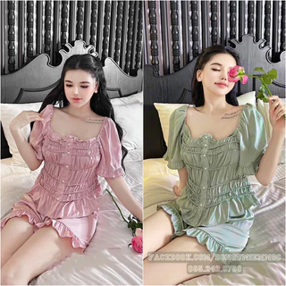 [𝐑𝐞̉ 𝐯𝐨̂ đ𝐢̣𝐜𝐡] Sét đồ ngủ pijama bộ đùi chất lụa latin nhún nút ngọc xinh xỉu