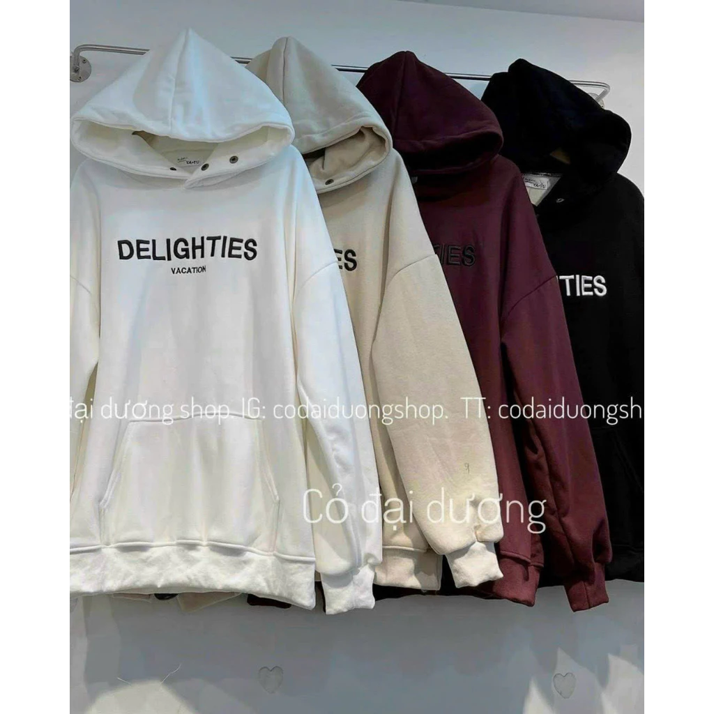 Áo khoác Hoodie Nỉ Nam Nữ Có In Chữ DELIGHTIES Bao Sắc Nét Với Chất Liệu Vải Nỉ Siêu Dày Dặn Và Mềm Mịn Ở Cổ Có Nút Bấm