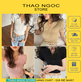 Áo len gân croptop nữ tay ngắn, áo len cổ V cộc tay hàng nhập QC! (có sẵn, hình thật) THẢO NGỌC STORE