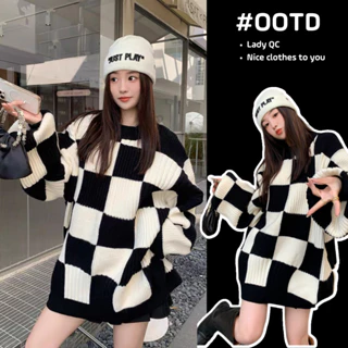 Áo len nữ form rộng dài tay dáng dài họa tiết kẻ caro to kiểu dáng ulzzang cổ tròn hàn quốc LADY QUẢNG CHÂU